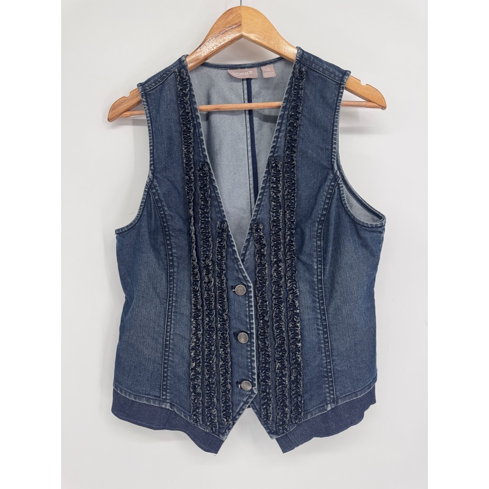 Chico's Denim Vest Women 8 M Wash Ruffle Upcycled Boho Western Waistcoat